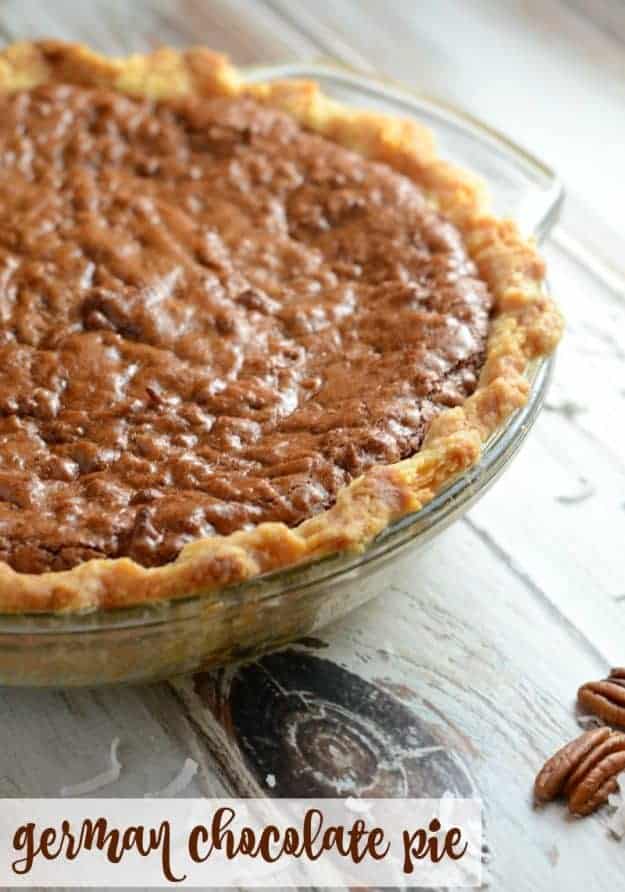 pan of easy german chocolate pie with coconut and pecans