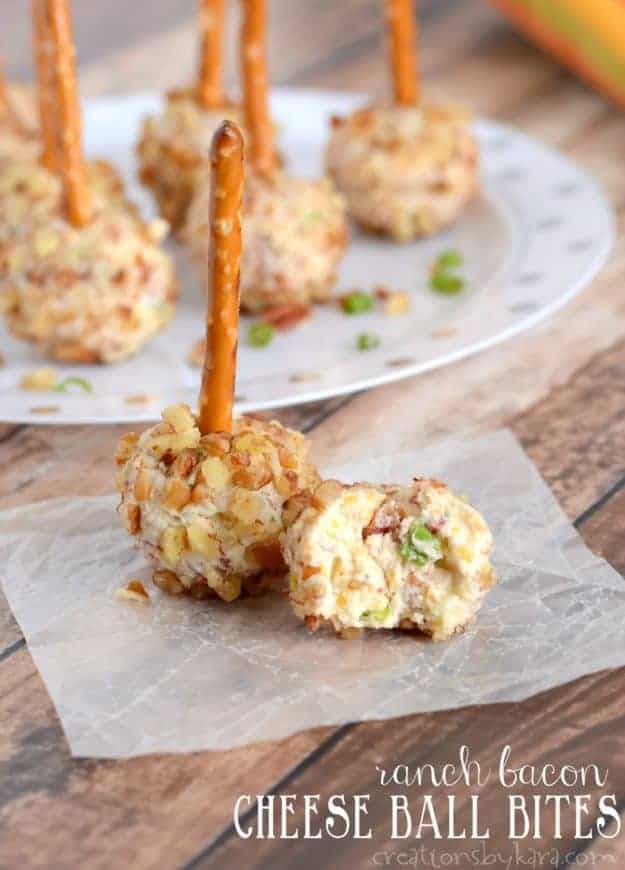 mini cheese balls on pretzel sticks