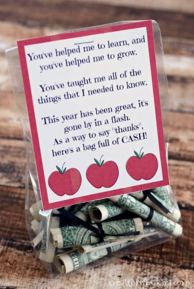 Practical gifts make the best teacher gifts, and all teachers appreciate a little cash. It might as well be in a cute gift bag!