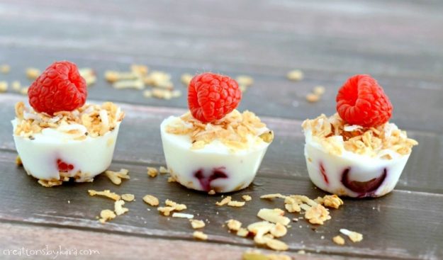 frozen yogurt bites topped with raspberries and granola