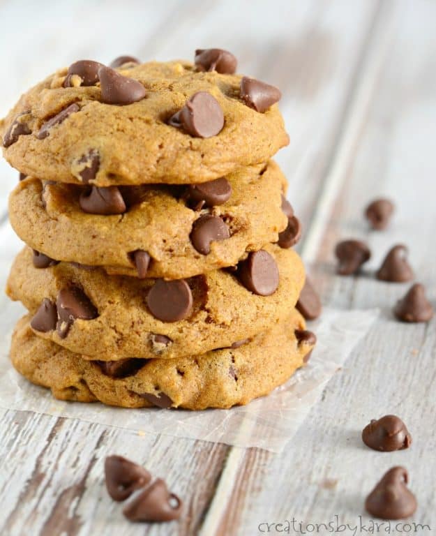 Simply amazing soft pumpkin chocolate chip cookies.