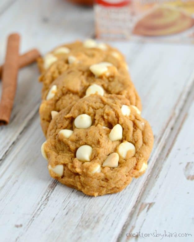 close up of pumpkin spice cookies with white chocolate chips