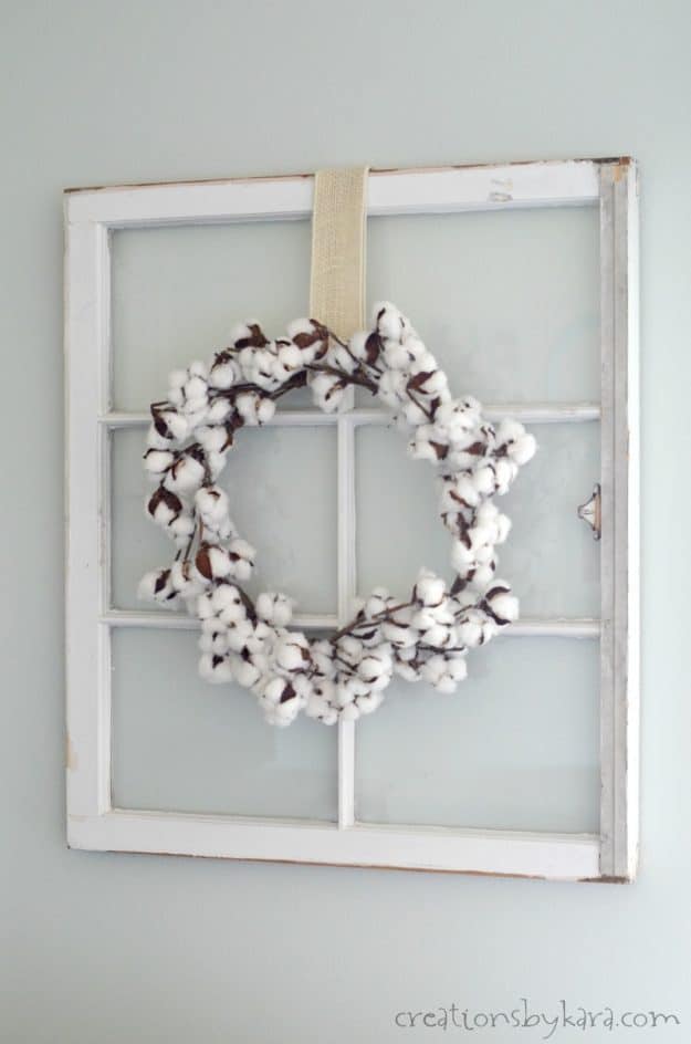 cotton wreath in farmhouse coastal family room