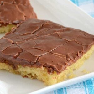 The chocolate fudge frosting makes this yellow sheet cake irresistible! A crowd pleasing cake recipe.