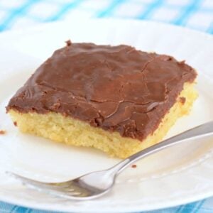 This buttery yellow sheet cake is so easy, and so delicious. The chocolate fudge frosting makes it seriously hard to stop eating!