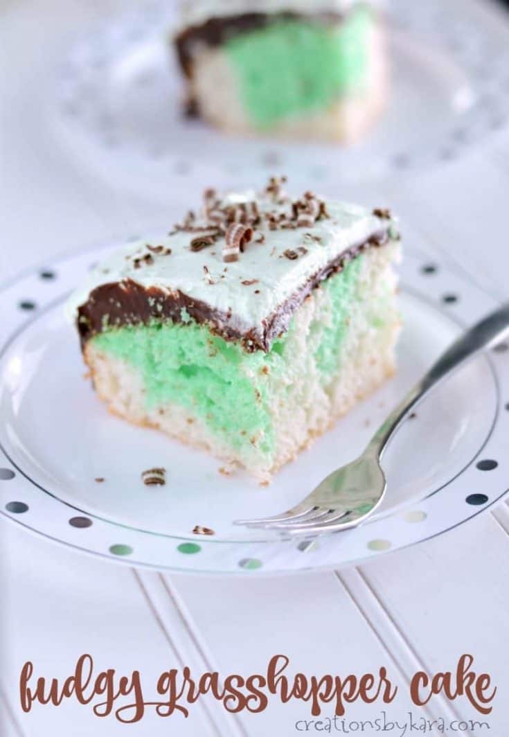 Fudgy Grasshopper Cake . . . a fudge layer and creamy mint topping make this cake extra yummy!