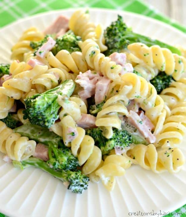Easy Creamy Ham Broccoli Pasta on a plate