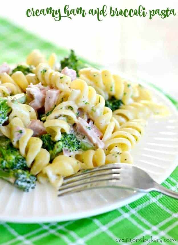 plate of pasta with broccoli and ham