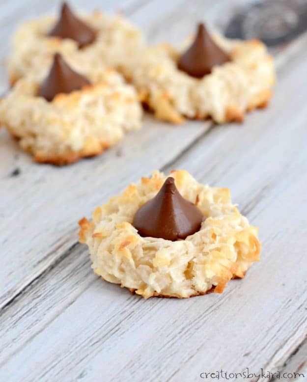 Soft and chewy coconut macaroon cookies with chocolate kisses
