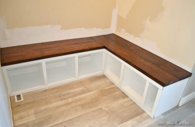 corner mudroom storage bench with wood seat