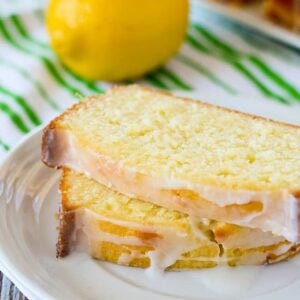 slices of lemon pound cake with glaze on a plate
