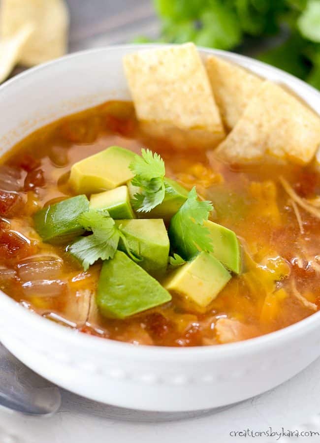 close up of bowl of instant pot chicken tortilla soup