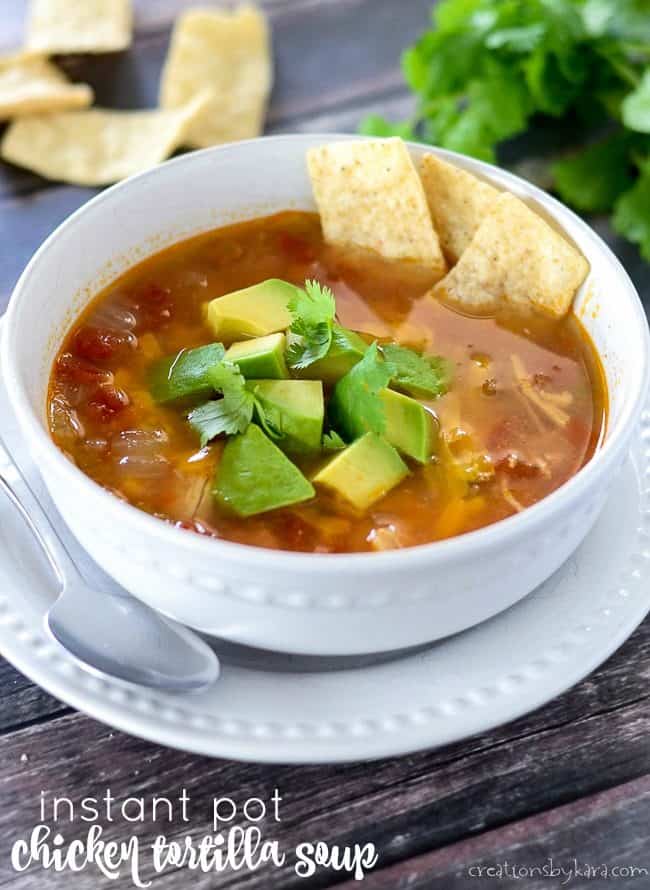 instant pot chicken tortilla soup in a bowl on a plate