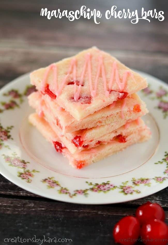 stack of maraschino cherry bars on a vintage plate