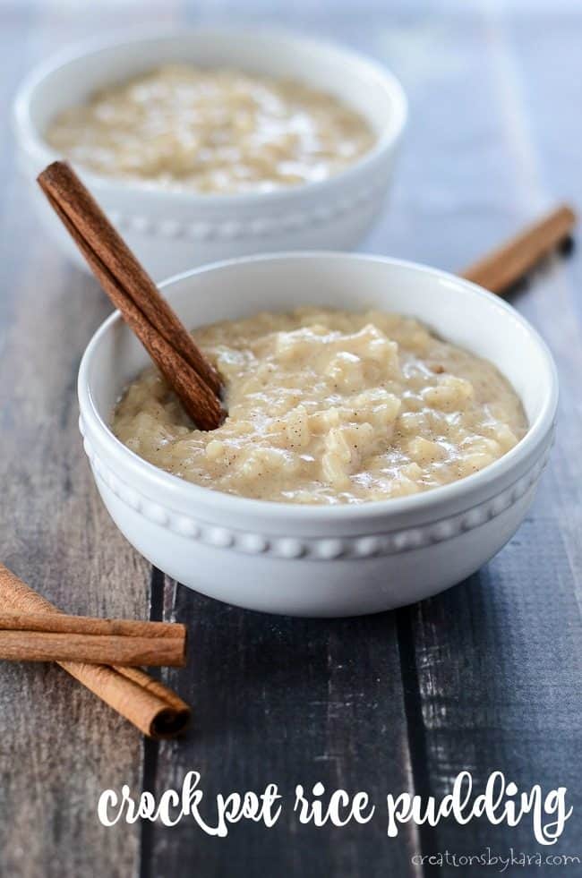 bowl of crock pot rice pudding with a cinnamon stick