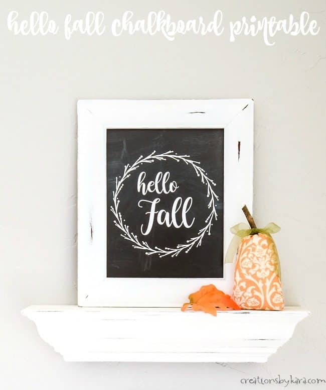 hello fall printable in frame on a shelf