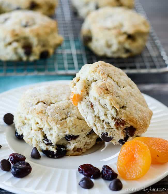chocolate chip dried fruit scones on a plate