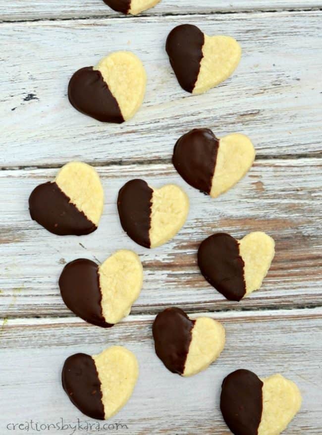 shortbread heart cookies dipped in chocolate