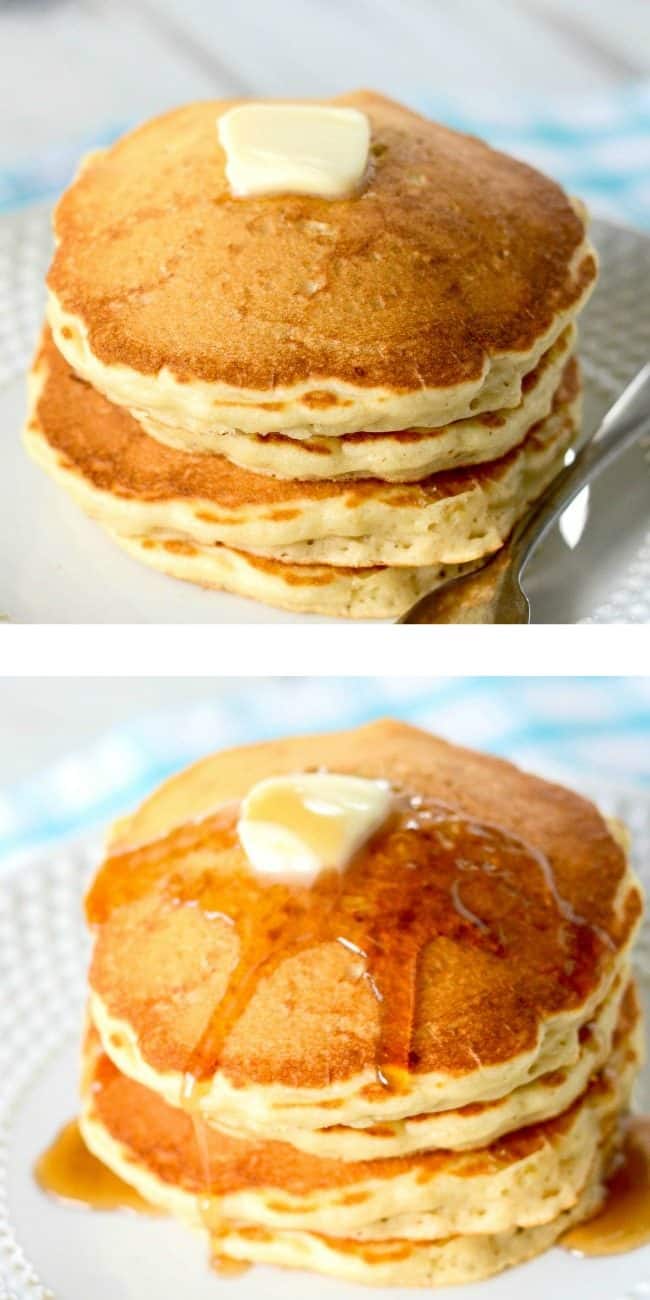 stack of oatmeal pancakes with butter and syrup