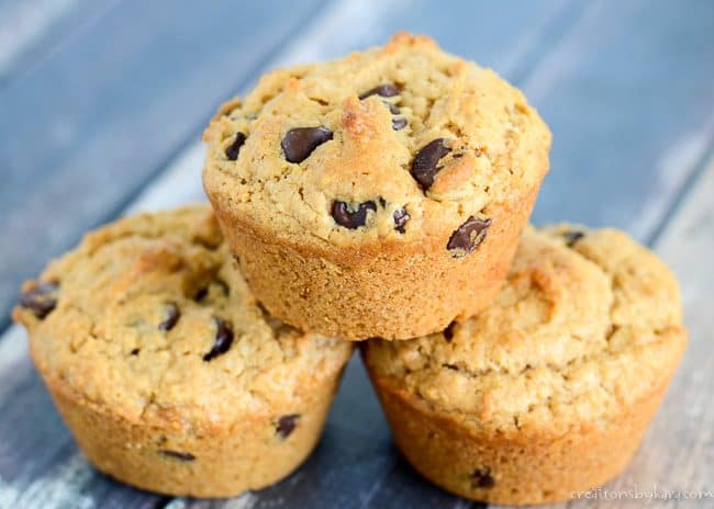 stack of peanut butter muffins with chocolate chips