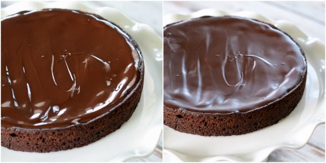 chocolate ganache glaze on top of flourless chocolate cake