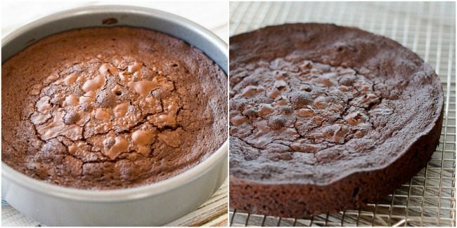 flourless chocolate cake in a pan and on a cooling rack