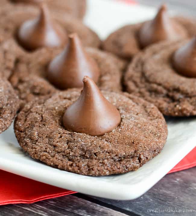 close up of chocolate kiss cookies
