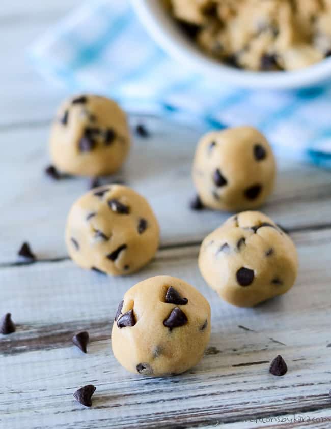 balls of edible cookie dough with chocolate chips