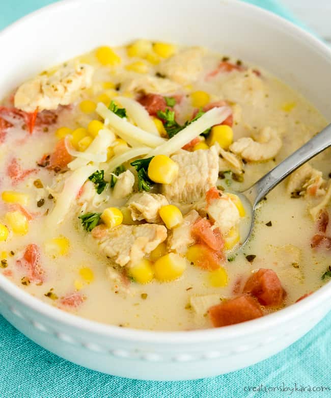 close up of bowl of mexican corn soup
