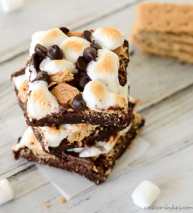 stack of S'mores Brownies with graham crackers and marshmallows
