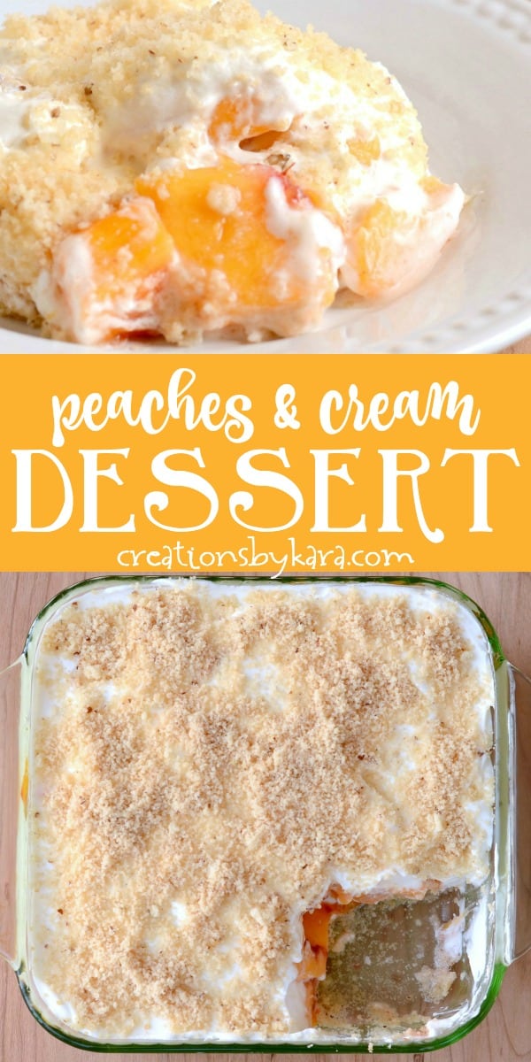 layered peaches and cream dessert recipe collage
