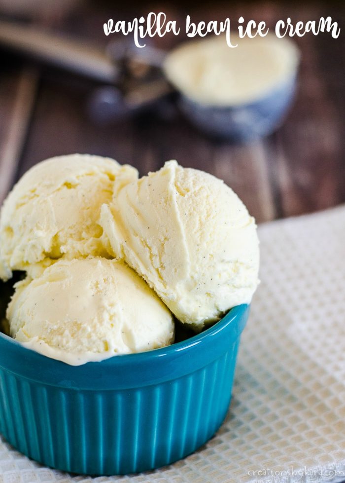 french vanilla ice cream with vanilla beans in a blue bowl