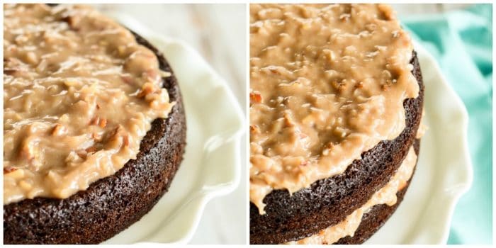 layers of chocolate cake with coconut pecan frosting