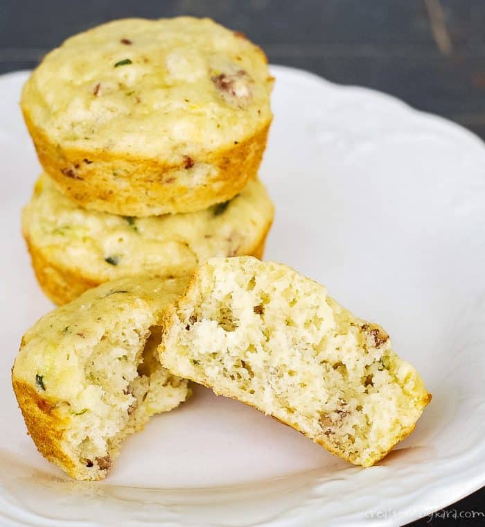 stack of zucchini banana muffins on a plate
