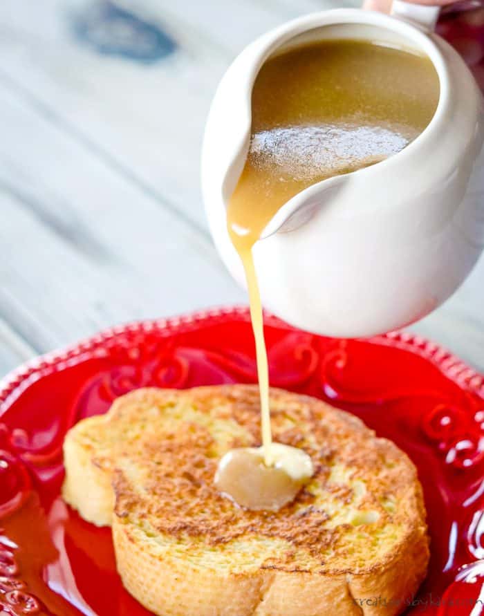  caramel buttermilk syrup being poured over french toast