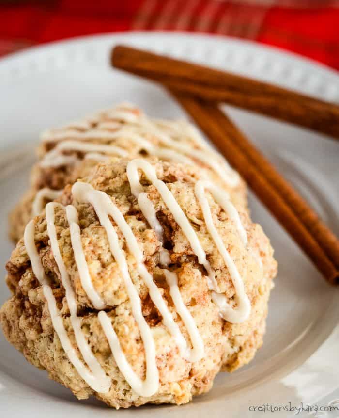 close up of cinnamon drop biscuit with icing