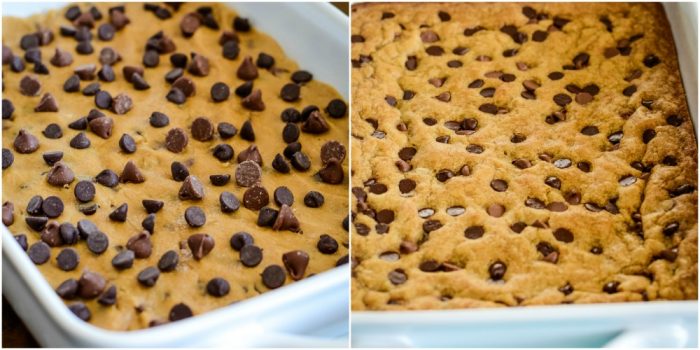 pan of dough and pan of baked cookie bars with chocolate chips
