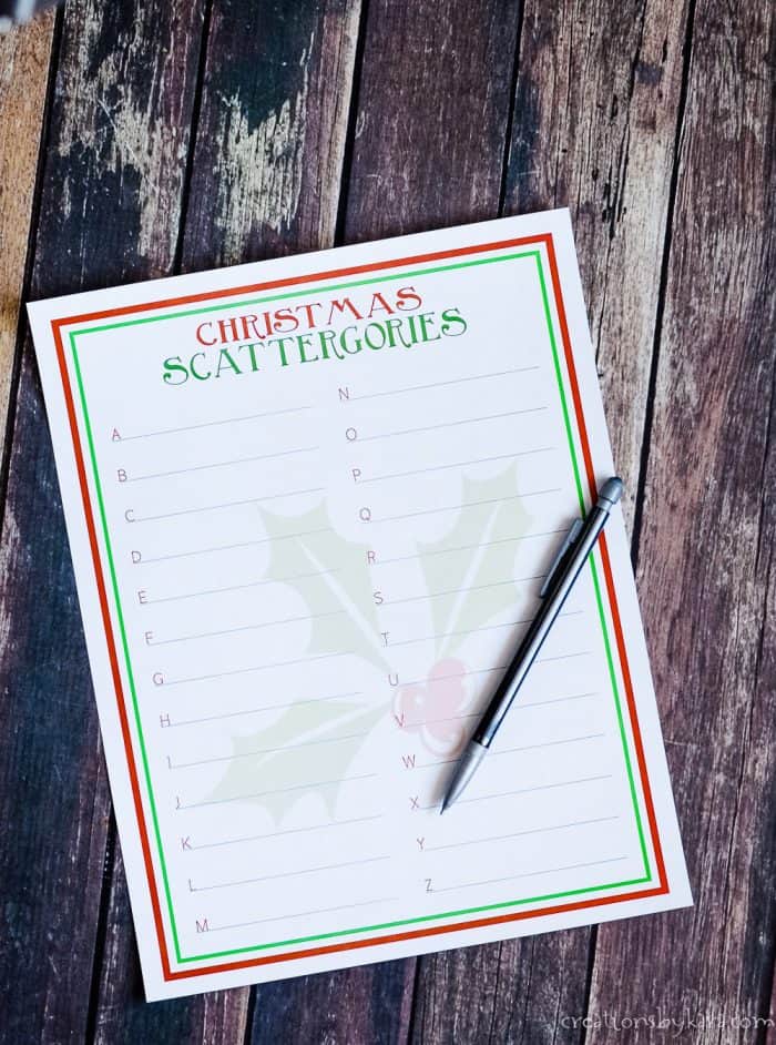 alphabet christmas scattergories print out with a pencil