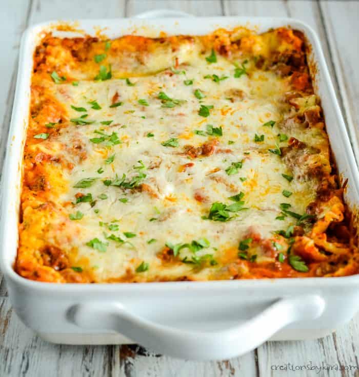 pan of lasagna with parsley