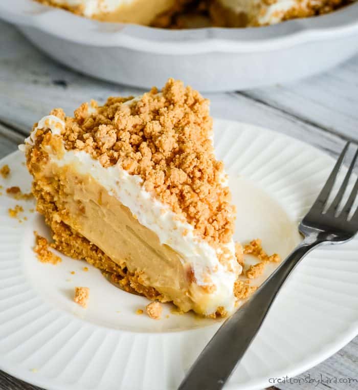 slice of peanut butter pie on a plate with a fork
