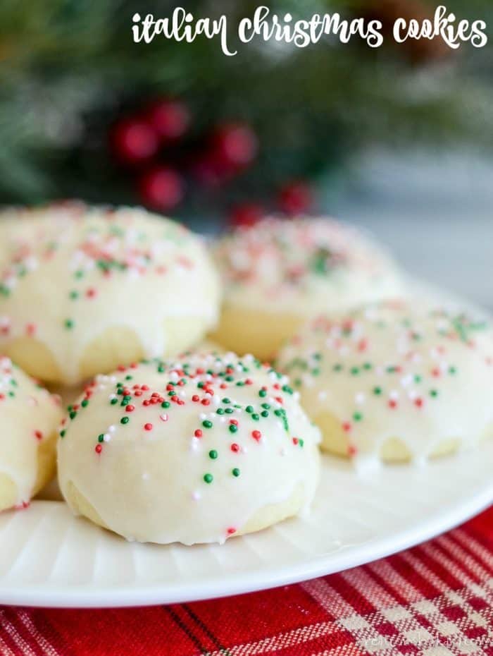 Italian Christmas cookies with red and green sprinkles on a plate