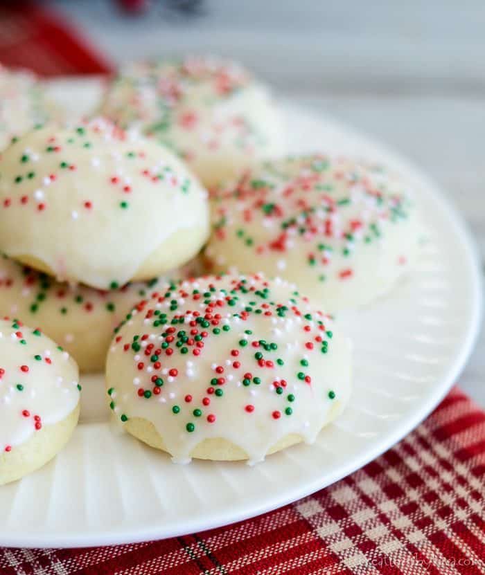 Italian cookies with glaze and red and green sprinkles