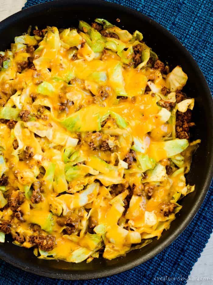 overhead shot of taco skillet cabbage with melted cheese