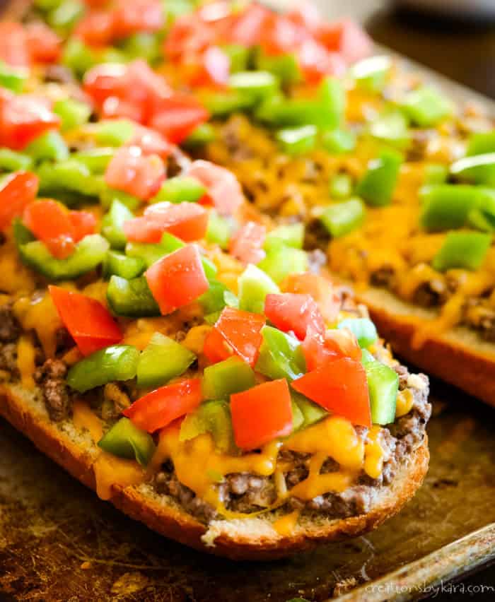 french bread sandwich with stroganoff beef, cheese, and veggies