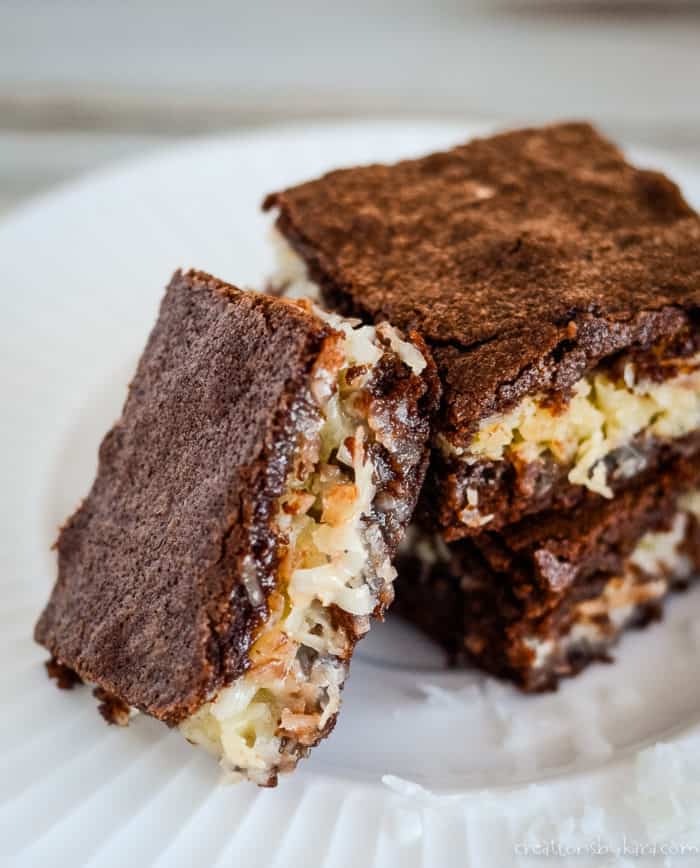 stack of coconut macaroon filled brownies