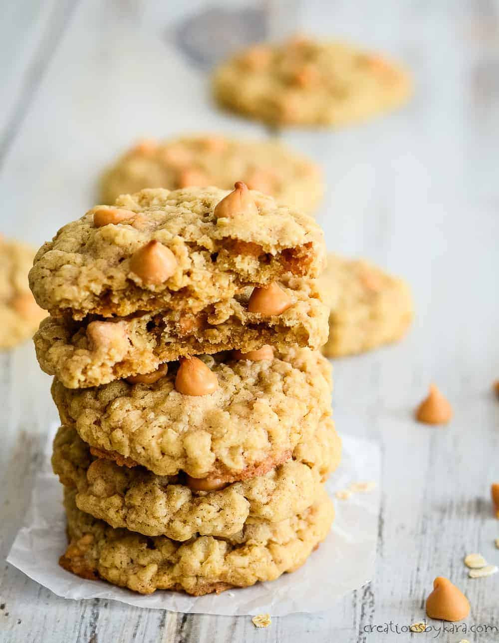 stack of butterscotch oatmeal cookies with butterscotch morsels