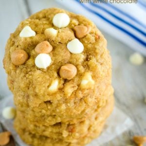 stack of peanut butter oatmeal cookies with white chocolate