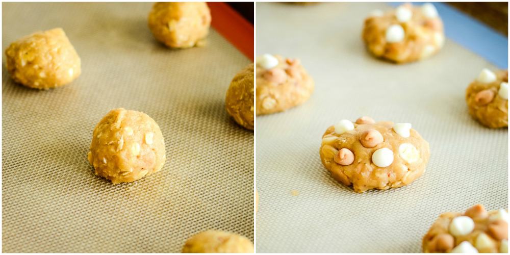 balls of cookie dough with white chocolate and peanut butter chips
