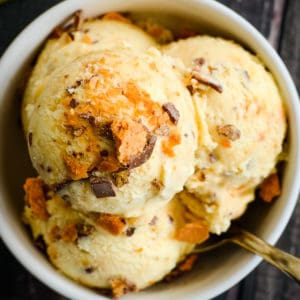 bowl of homemade ice cream with butterfingers