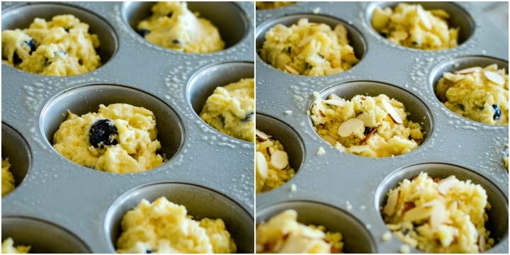 adding crumb topping to muffin batter in muffin tins